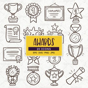 Può includere: Una collezione di icone di premi in bianco e nero disegnate a mano, tra cui trofei, medaglie, nastri, diplomi e stelle. L'immagine presenta la parola "AWARDS" in grandi dimensioni, insieme a "20 ICONS" e informazioni sul tipo di file.