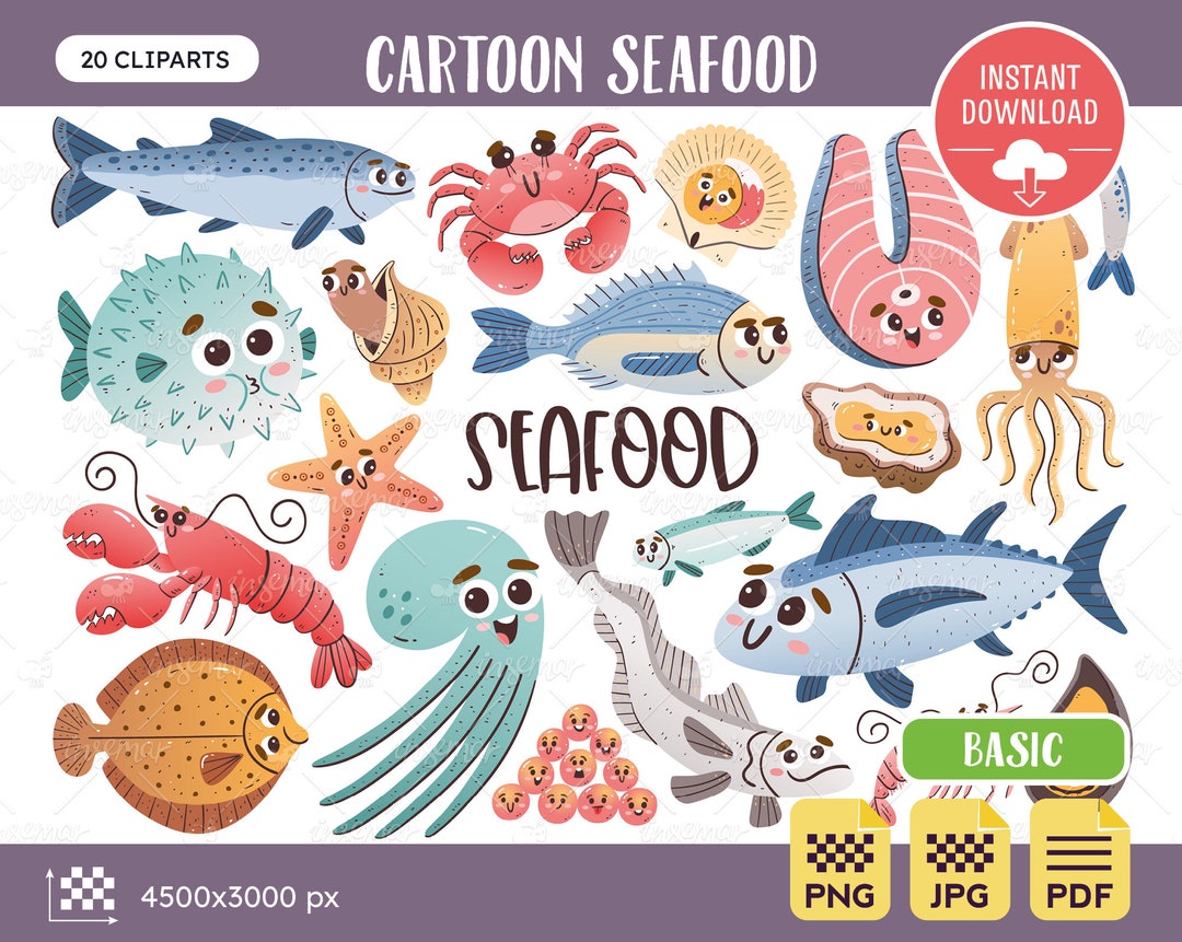 Seafood Clipart Set Cute Seafood Collection Cartoon Fish Etsy