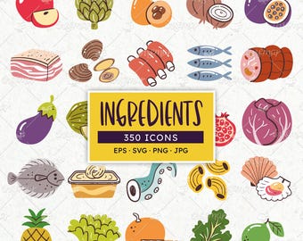 Food Icons: 350 Cooking Recipe Ingredients. EPS, SVG, PNG