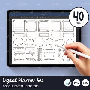 Adesivi per planner, adesivi digitali, adesivi doodle per bullet journal, appunti, nastri washi, fumetti, file Goodnotes, PNG, SVG vettoriale