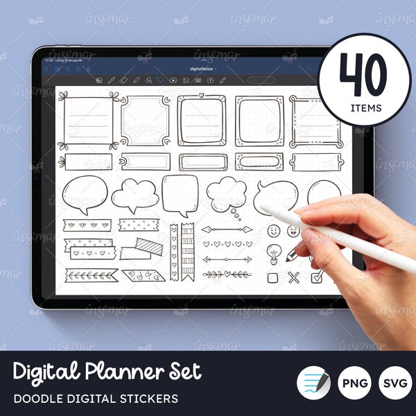 Doodle Planner Stickers, Hand Drawn Elements, Bullet Journal Clip Art, Notes, Washi Tapes, Speech Bubbles, Goodnotes file, PNG, Vector SVG