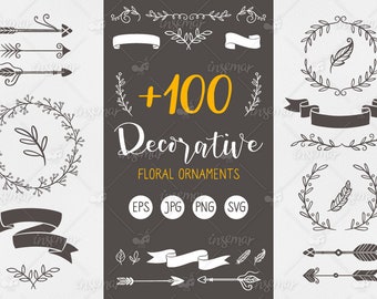 Floral Digital Ornaments, Vintage Text Decoration, PNG, SVG, EPS, Digital Download, Doodle Arrows & Ribbons, Scrapbooking, Vintage Decor