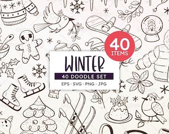 Winter Doodle Clipart: Hand-drawn Seasonal Vector Line Art (EPS, SVG, PNG)