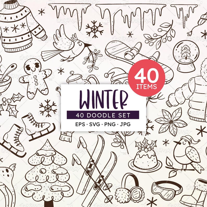 Winter Doodle Clip Art Set, Seasonal Objects, Cold Weather Illustration, Winter Coloring Page, EPS Vector, SVG files, Transparent PNG