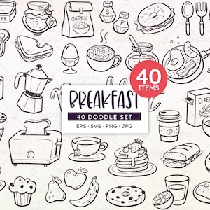 Conjunto de imágenes prediseñadas de desayuno: arte lineal de alimentos, PNG, SVG, EPS (descarga digital)