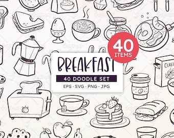 Ontbijt doodle clipartset: voedsel zeer fijne tekeningen, PNG, SVG, EPS (digitale download)