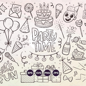 Ensemble de Doodle de fête, collection de cliparts fête d'anniversaire, lettrage de joyeux anniversaire, ensemble de cliparts amusant et fête, SVG, EPS, PNG transparent