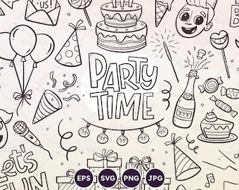 May include: Black and white doodle style illustrations of party supplies, including balloons, a cake, a bottle of champagne, party hats, gifts, and the text "Party Time".