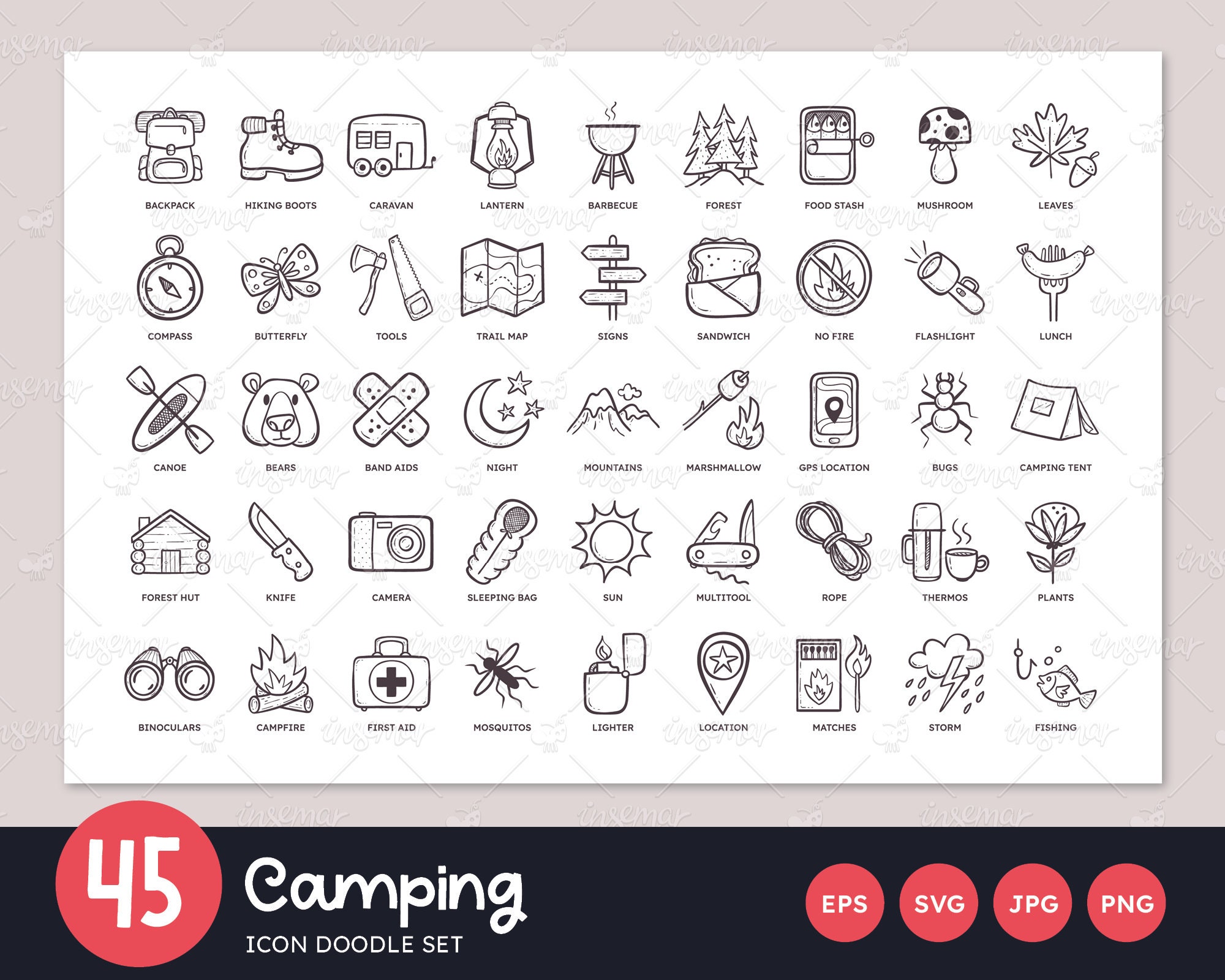 Vector summer camp cute kawaii stickers set. Camping, hiking, fishing  equipment patches collection. Outdoor nature tourism icons pack with  backpack, van, tent. Forest travel patches . Stock Vector