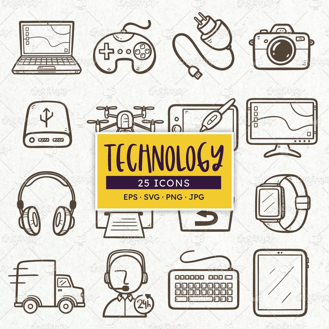 Technology Icons: Hand-drawn Tech Store Doodle Clip Art. EPS, SVG, PNG ...
