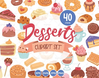 Cute Sweets and Desserts Clipart, Pastry Cake Shop, Chocolate Cookies, Cakes, Smoothies, Vector EPS, SVG, Transparent PNG, Commercial Use