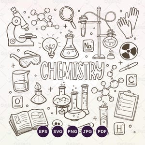 Könnte beinhalten: Schwarz-weiße Zeichnung mit Chemie-bezogenen Elementen. Das Bild zeigt ein Mikroskop, Bechergläser, Kolben, Schutzbrillen, eine Glühbirne, Molekülmodelle und das Wort "CHEMISTRY". Ebenfalls enthalten sind die Dateityp-Symbole: EPS, SVG, PNG, JPG und PDF.