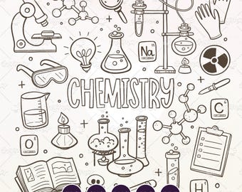 Puede incluir: Un dibujo en blanco y negro de elementos relacionados con la química. La imagen incluye un microscopio, vasos de precipitados, matraces, gafas protectoras, una bombilla, modelos moleculares y la palabra "CHEMISTRY". También se incluyen los iconos de tipo de archivo: EPS, SVG, PNG, JPG y PDF.