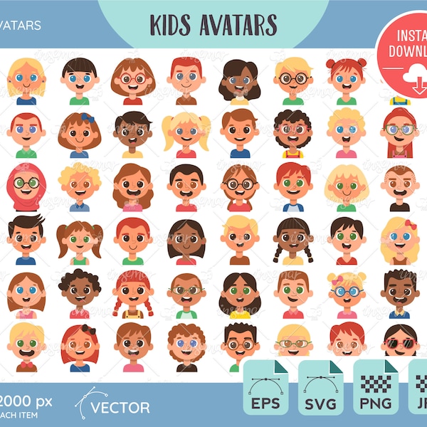 Children Avatar, Kid Avatar Collection, 50 Male, 50 Female, Children Clip Arts, Vector EPS, SVG files, Transparent PNG, Digital Download