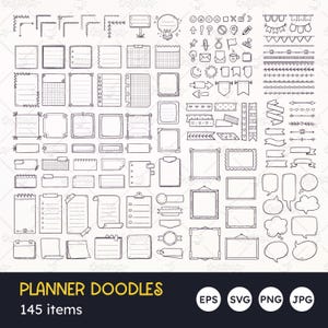 Doodle plannernotities, washi-tapes, memonotities, tekstballonnen, plannerpictogrammen, linten, plannerbronnen, scrapbooking, vector EPS, SVG, png