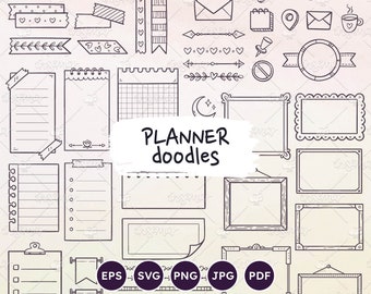 Doodle Planner Stickers: Washi Tape, Icons, Dividers. Hand drawn EPS, SVG, PNG