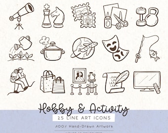 May include: A collection of 25 hand-drawn line art icons depicting hobbies and activities, including a telescope, chess pieces, stamps, craft supplies, weights, gardening, cooking, travel, theater masks, fishing, hiking, shopping, art, writing, and a television.