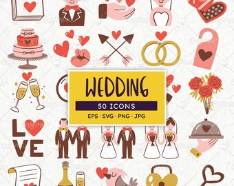 Wedding and Love Icons, Bride & Groom, Valentine Day. Vector EPS, PNG, SVG