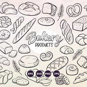 Scarabocchi di panetteria, set di clipart di tipi di pane, prodotti da forno, baguette francese, pretzel, scarabocchi di cibo, file EPS vettoriali, file SVG, PNG trasparenti