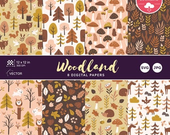 Woodland Digital Papers, Forest Scrapbook Paper, Animal Backgrounds, Commercial Use Digital Paper, 8 Wild Animal Seamless Pattern, SVG, JPG