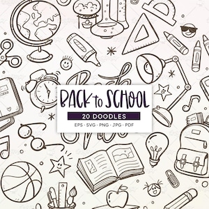 Back to School Doodles: Line Art Clipart, PNG SVG-EPS (Digitaler Download)