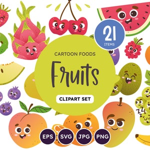 Fruits Cartoon Clipart Set. 21 cute elements, perfect for crafting and scrapbooking