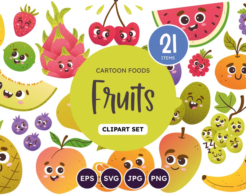 Fruits Cartoon Clipart Set. 21 cute elements, perfect for crafting and scrapbooking