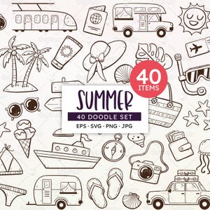 Summer Doodle Clipart: Vacation Travel Icons (PNG, SVG, EPS) Digital Download