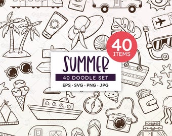 Summer Doodle Clipart: Vacation Travel Icons (PNG, SVG, EPS) Digital Download