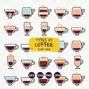 Conjunto de iconos de tipos de café: espresso, capuchino, moca, latte, frappé y americano. Conjunto de iconos de 28 x 2. Archivos PNG transparentes, EPS vectoriales y SVG.