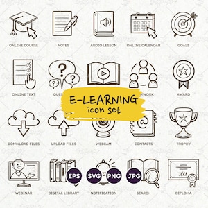 Conjunto de iconos de aprendizaje electrónico, iconos escolares, cursos en línea de arte lineal, lecciones y libros, lindos archivos EPS vectoriales, SVG, vectores editables, PNG transparentes