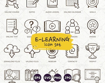 E-LEARNING ICONS, School Icons, Line Art Online Courses, Lessons and Books. Hand-drawn Doodle Style. Files: vector eps, svg, png.