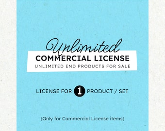 May include: A blue square with white text that reads "Unlimited Commercial License" and "Unlimited End Products for Sale". Below the text is a black circle with the number "1" inside and the text "License for 1 Product / Set". Below that is the text "(Only for Commercial License items)".