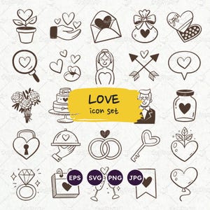 Icônes de doodle mariage, clipart amour, jeunes mariés, clipart amour, icônes Saint-Valentin, icônes LGBT, PNG transparent, SVG, eps vectoriel