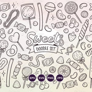 Conjunto de clipart de doces e doces Doodle, PNG transparente, EPS vetorial, SVG, vetor, arte de linha, doces desenhados à mão, para uso pessoal e comercial