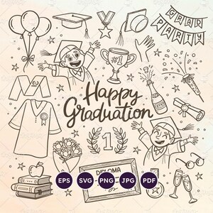 卒業式落書きセット – 手描きの卒業式グラフィック20点 – 学年末パーティーの招待状や卒業祝いのギフトに最適。EPS、SVG、PNG