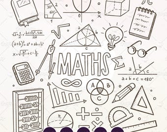 May include: Black and white illustration of math concepts, including a book, triangle, graph, cube, notepad, and the word "MATHS." Also features a calculator, abacus, compass, and geometric shapes. Includes file type icons: EPS, SVG, PNG, JPG, and PDF.