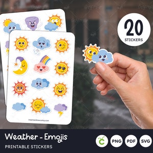 Pegatinas meteorológicas, pegatinas imprimibles de emoticonos, pegatinas de estado de ánimo, soleado, feliz, tormenta, triste, enojado, tranquilo, pegatinas del planificador, PNG, vector SVG