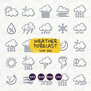 Iconos del tiempo, iconos de doodle de pronóstico del tiempo, símbolo soleado, de nubes y viento, imágenes prediseñadas de pronóstico del tiempo, archivos SVG, PNG transparente, EPS vectoriales