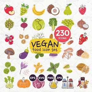 Icônes de nourriture végétalienne SVG, icônes d'ingrédients de cuisine, icônes de recette végétarienne, PNG, fruits, légumes, céréales, fines herbes, champignons, légumineuses, noix