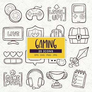 Peut inclure: Une collection de vingt icônes de jeu dessinées à la main en noir et blanc, comprenant une manette, une console portable, un coffre, une épée, un trophée, un casque, des cœurs, des pièces et le texte "LEVEL UP!", "LIVE", "GAME OVER", "GAMING 20 ICONS".