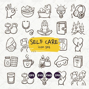 Self Care Icon Set, psychische Gesundheit, Wellness, Gewohnheitsverfolgung, Alltag, Hobbys, Vektor EPS, SVG-Dateien, bearbeitbarer Vektor, transparenter PNG