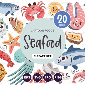 Seafood Cartoon Clipar Set. 20 cute elements, perfect for crafting and scrapbooking