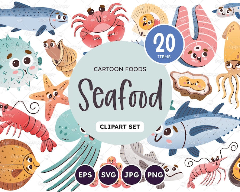 Seafood Cartoon Clipar Set. 20 cute elements, perfect for crafting and scrapbooking