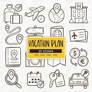 Puede incluir: Un conjunto de 25 iconos de viaje dibujados a mano en blanco y negro, que incluyen equipaje, un avión, un mapa del mundo, un hotel, un mapa de carreteras, una señal de tráfico, un pasaporte, billetes de avión, una guía de viaje, un restaurante, un mapa, cambio de divisas, una lupa, un calendario, llaves y un coche. Las palabras "VACATION PLAN" están en una pancarta amarilla.