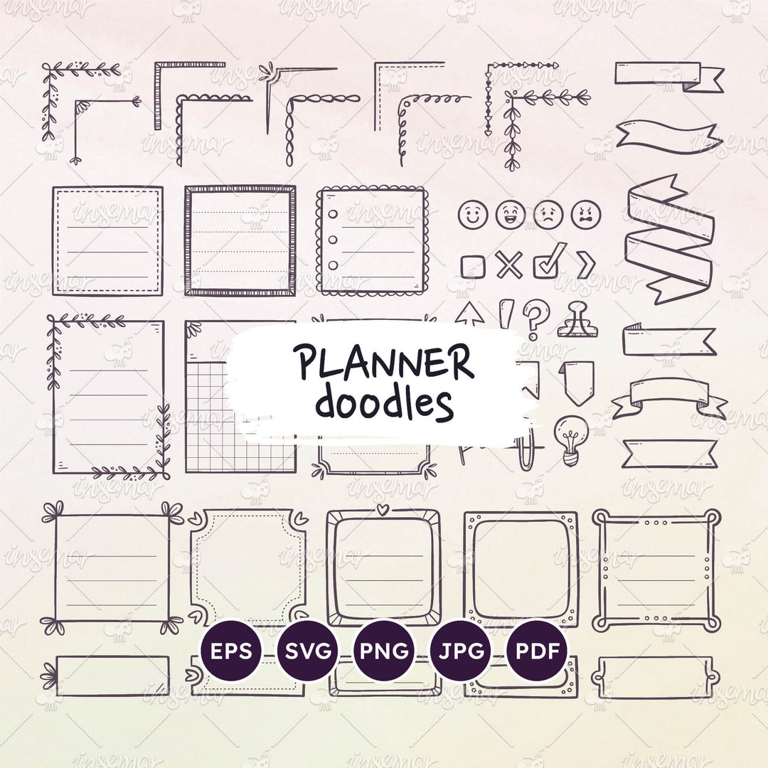 Planner Resources: Sticky Notes, Ribbons, Icons, Corners. Hand-drawn ...