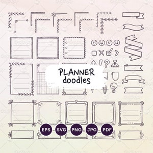 Recursos de Doodle Planner, notas adhesivas, cintas dibujadas a mano, íconos de planificador, esquinas lindas, archivos EPS, SVG, vectores editables, PNG transparentes,