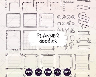 Planner Resources: Sticky Notes, Ribbons, Icons, Corners. Hand-Drawn Vector EPS, SVG, PNG
