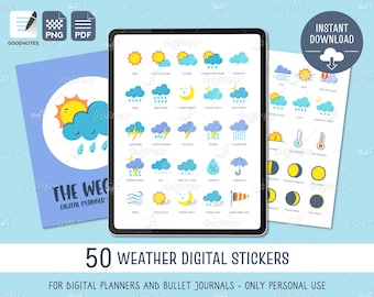 Weather Digital Stickers, 50 Pack, Weather Pre-cropped Stickers Goodnotes, OneNote, PNGs, Planner Stickers, iPad Stickers, Sunny, Moon