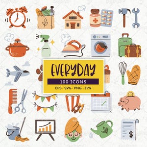 Everyday Icons: 100 Daily Routines Digital Stickers. EPS, SVG, PNG